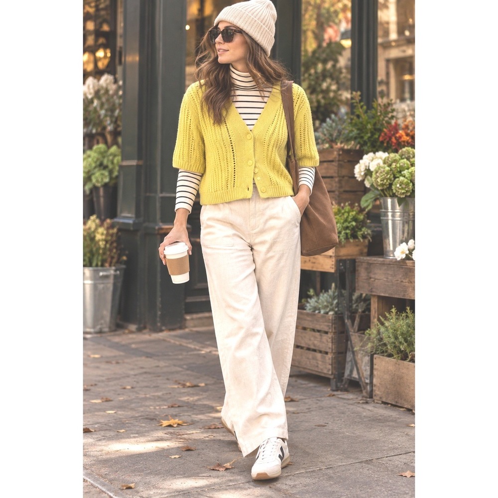 Faherty Citron Yellow Pointelle Knit Cashmere Blend Cropped Cardigan Sweater M